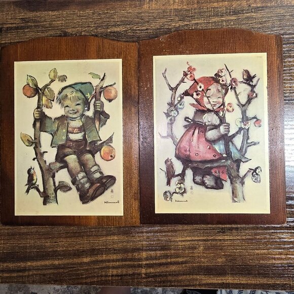 Hummel Other - Vintage Set MCM Hummel Wall Plaques Boy & Girl On Trees Wooden Backing Rustic